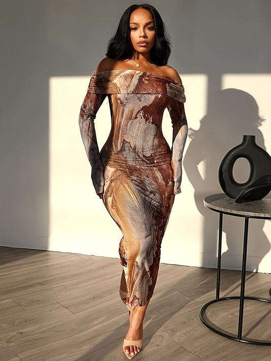 Tie Dye Off Shoulder Dress, Elegant Long Sleeve Bodycon Dress For Party & Club, Women's Clothing Wedding occasion engagement party ceremony