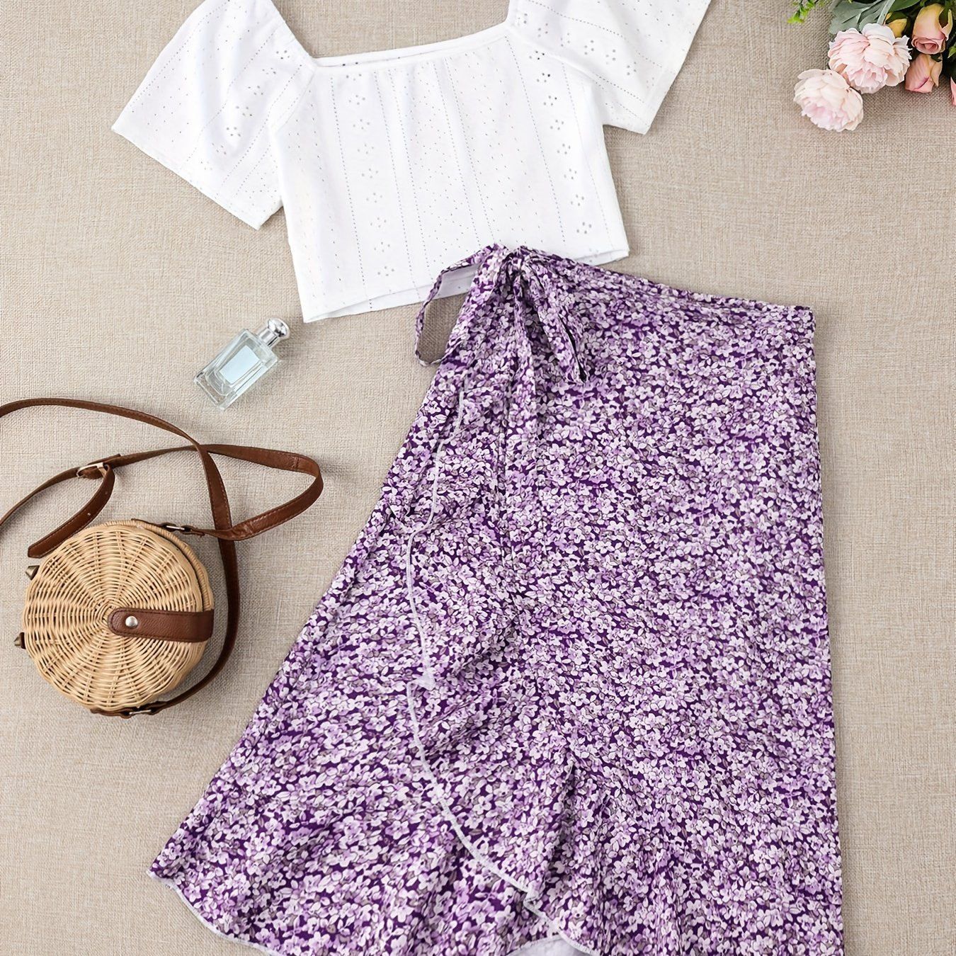 Vacation Ready - Chic Square Neck Crop Top & Adjustable Print Wrap Skirt Set - Flirty Short Sleeves, Womens Two-Piece Outfit