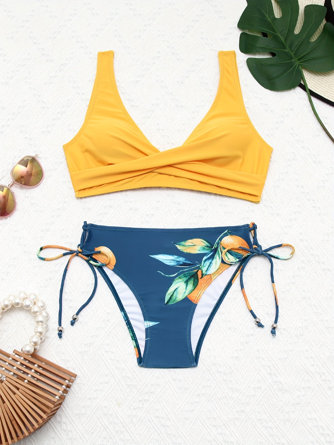 2 Piece Yellow Crisscross Tie Back Top and Vibrant Lemon Print Bottoms Set - Women's Swimwear & Clothing - Stylish Bikini Swimsuits for Summer Vacation