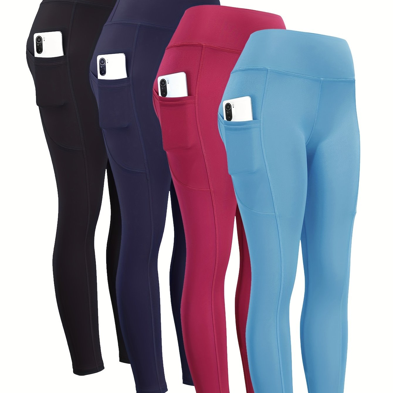 4pcs High Waist Yoga Leggings With Pocket For Women, Solid Color, Tight Fit, Women's Activewear