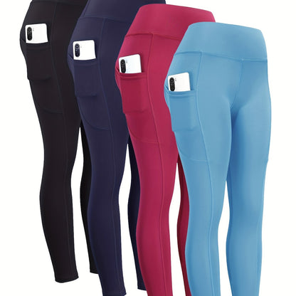 4pcs High Waist Yoga Leggings With Pocket For Women, Solid Color, Tight Fit, Women's Activewear