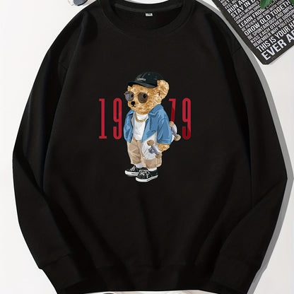 Men's Cartoon Bear Selfie Print Casual Round Neck Pullover Sweatshirt