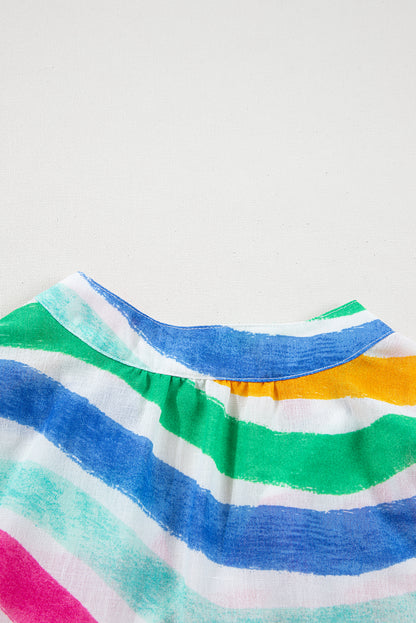 Rose Red Rainbow Stripes Ruffled Hem Drawstring V Neck Tank Top