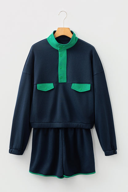Navy Blue Color Block Patchwork Half Button Pullover and Shorts 2pcs Outfit