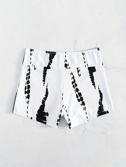 Tie Dye Pattern Drawstring Stretchy Swim Boxer Shorts, High Waisted Comfy Trendy Swimming Bottoms, Women's Swimwear & Clothing