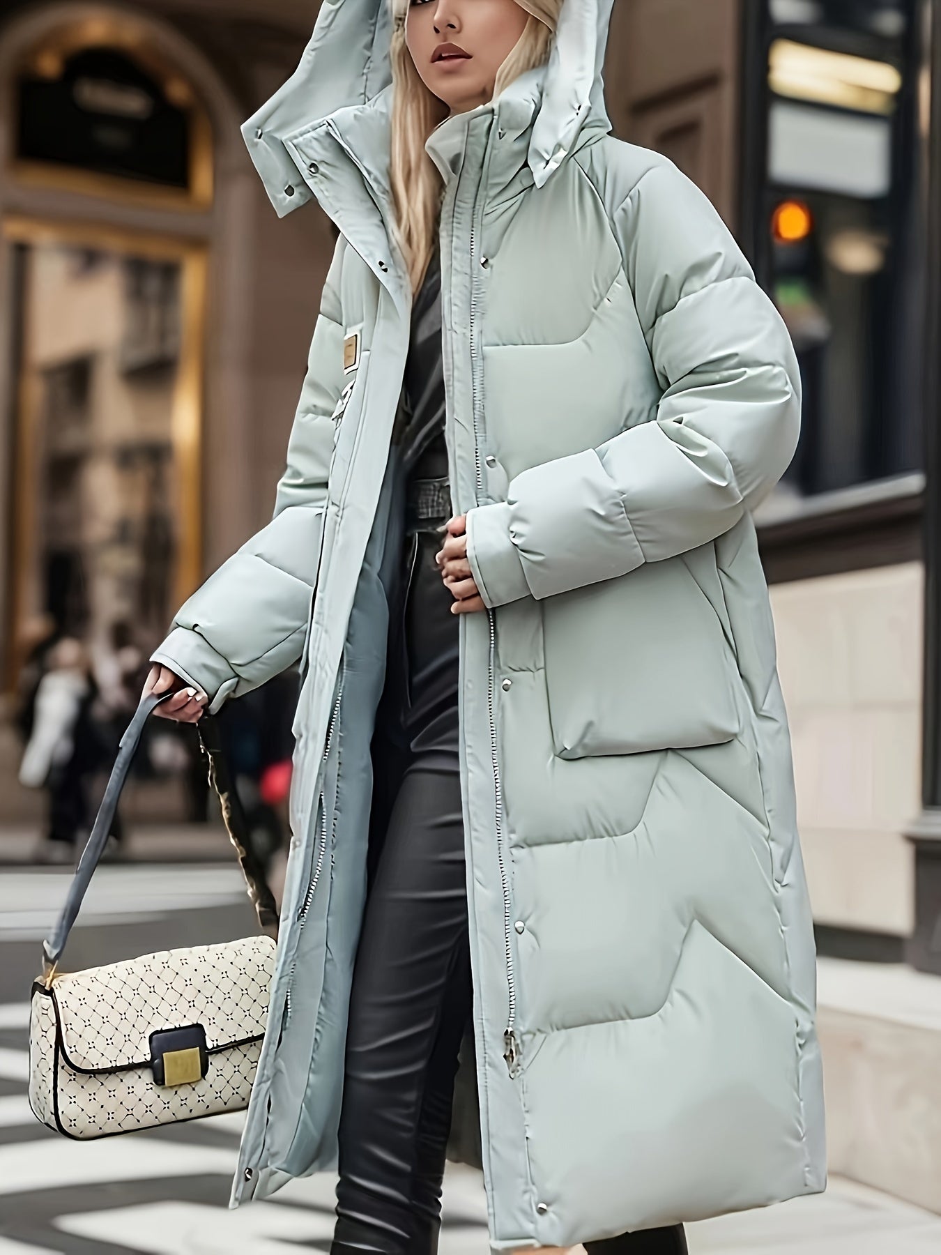Women's Light Green Long Winter Coat - Warm Casual Padded Jacket with Zippered Pockets, Hood, and Adjustable Drawstrings for Holiday Style, Winter Clothes