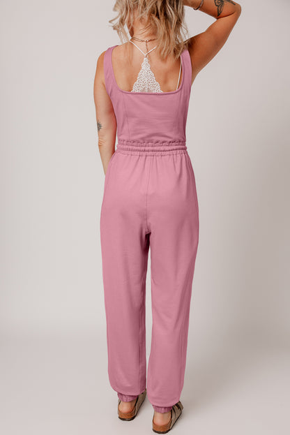 Light Pink Lace-up Elastic Waist Sleeveless Square Neck Jumpsuit