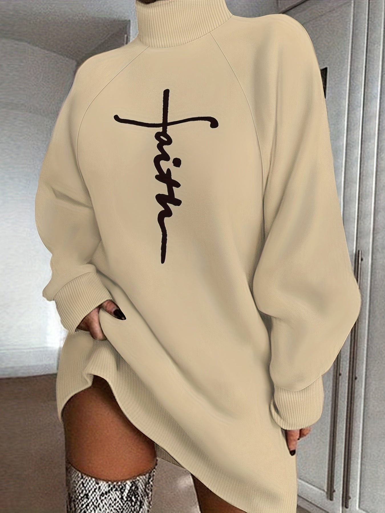 Faith Print Turtleneck Dress, Casual Loose Long Sleeve Dress, Women's Clothing