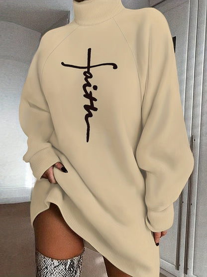 Faith Print Turtleneck Dress, Casual Loose Long Sleeve Dress, Women's Clothing