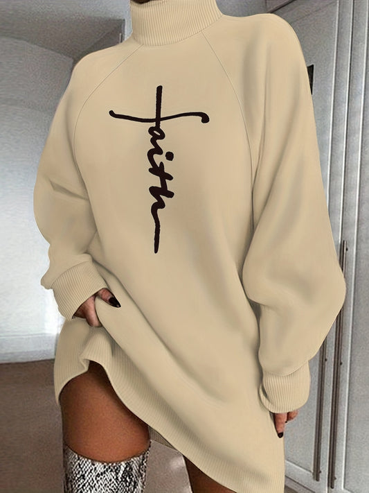 Faith Print Turtleneck Dress, Casual Loose Long Sleeve Dress, Women's Clothing