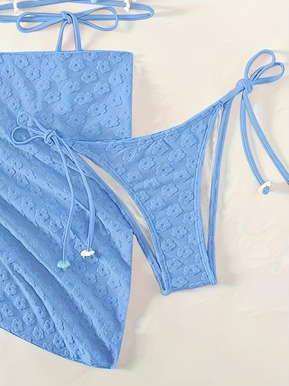 3-Piece Womens Chic Plain Textured Bikini Set - Flattering Halter Top, Adjustable Tie-Side Bottoms, Stylish Wrap Skirt for Beach & Pool Fashion