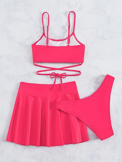 Elegant Solid-Color 3-Piece Swimwear: Cross-Strap Bikini & Pleated Skirt Cover-Up - Comfortable, Stretchy, and Durable