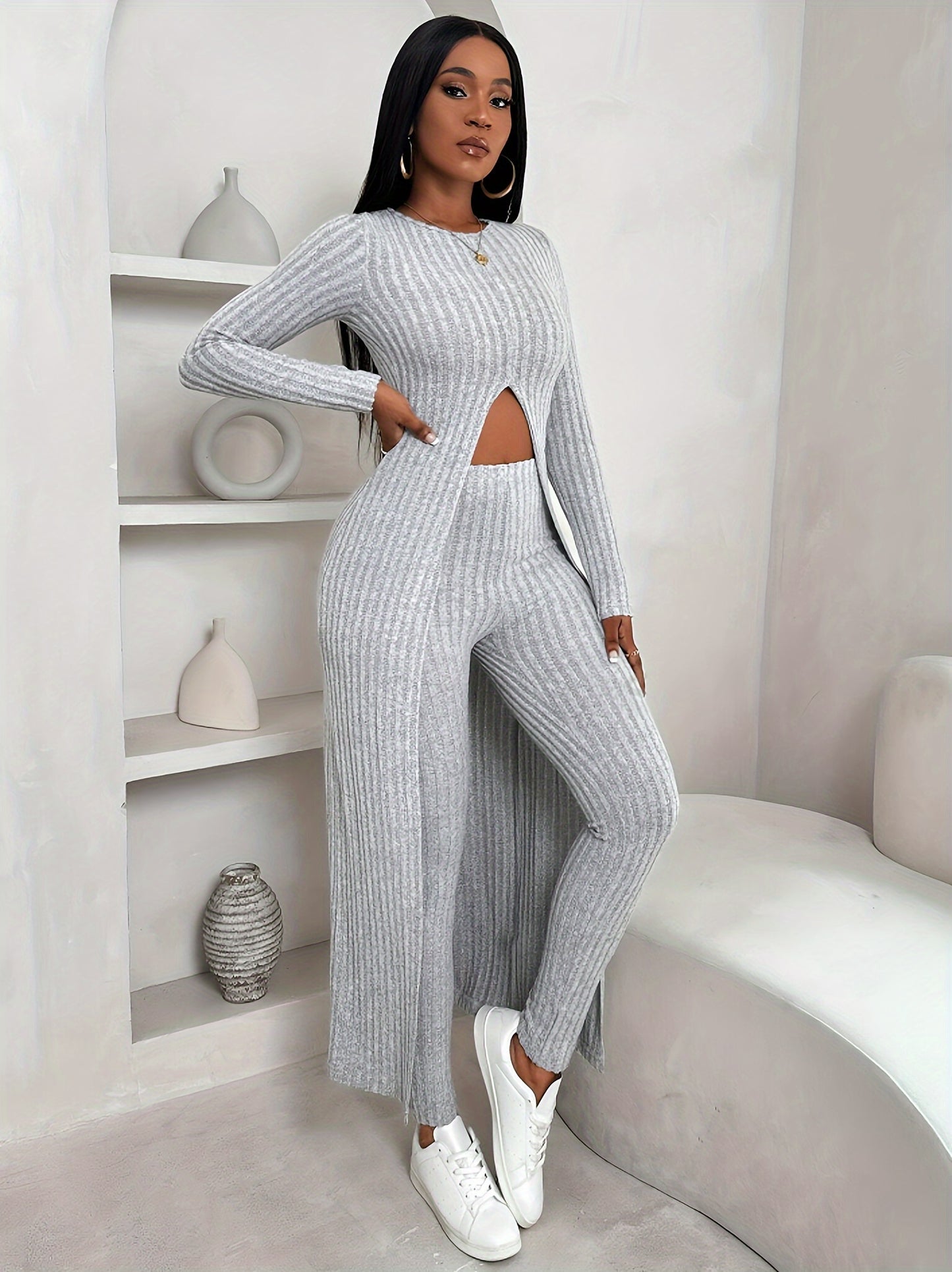 Chic Two-Piece Set for Women - Stylish Long Sleeve Crop Top & High-Waist Pants with Stretchy Polyester Fabric, Machine Washable, Comfortable, and Versatile for Daily Wear - Ideal for Office, Party, or Casual Outings