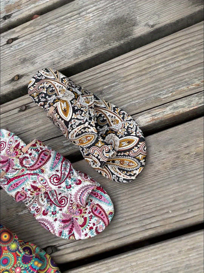 Vibrant Boho Chic Flat Sandals - Colorful Patterned, Summer Fashion, Slip-On, Casual, Open Toe, Beach Footwear with Soft Insole and Adjustable Ankle Strap for Women