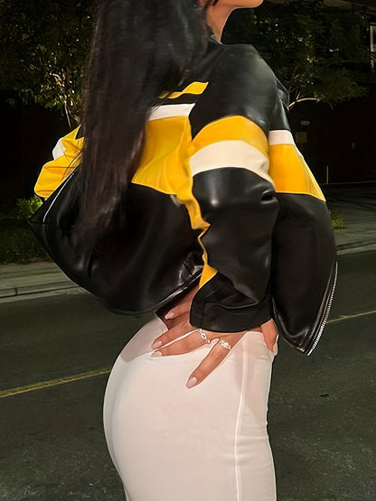 Faux Leather Zip Up Moto Jacket, Vintage Long Sleeve Jacket For Spring & Fall, Women's Clothing