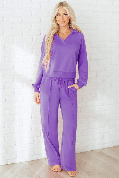 Wisteria Solid Color Collared Pullover and Central Seam Pants Set