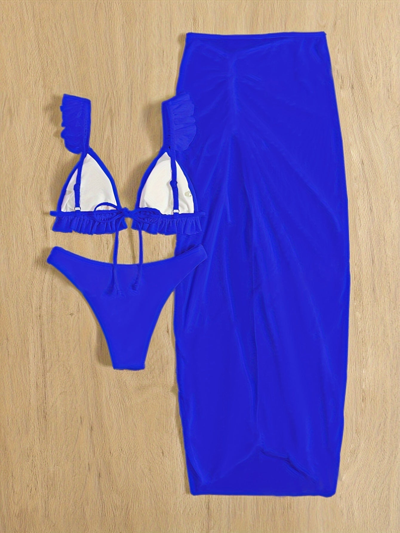 3 Piece Set Bikini, Plain Swimsuits, Ruched Tie Back Bra And Bottom, Cover Up Bow Skirt, Women's Swimwear & Clothing
