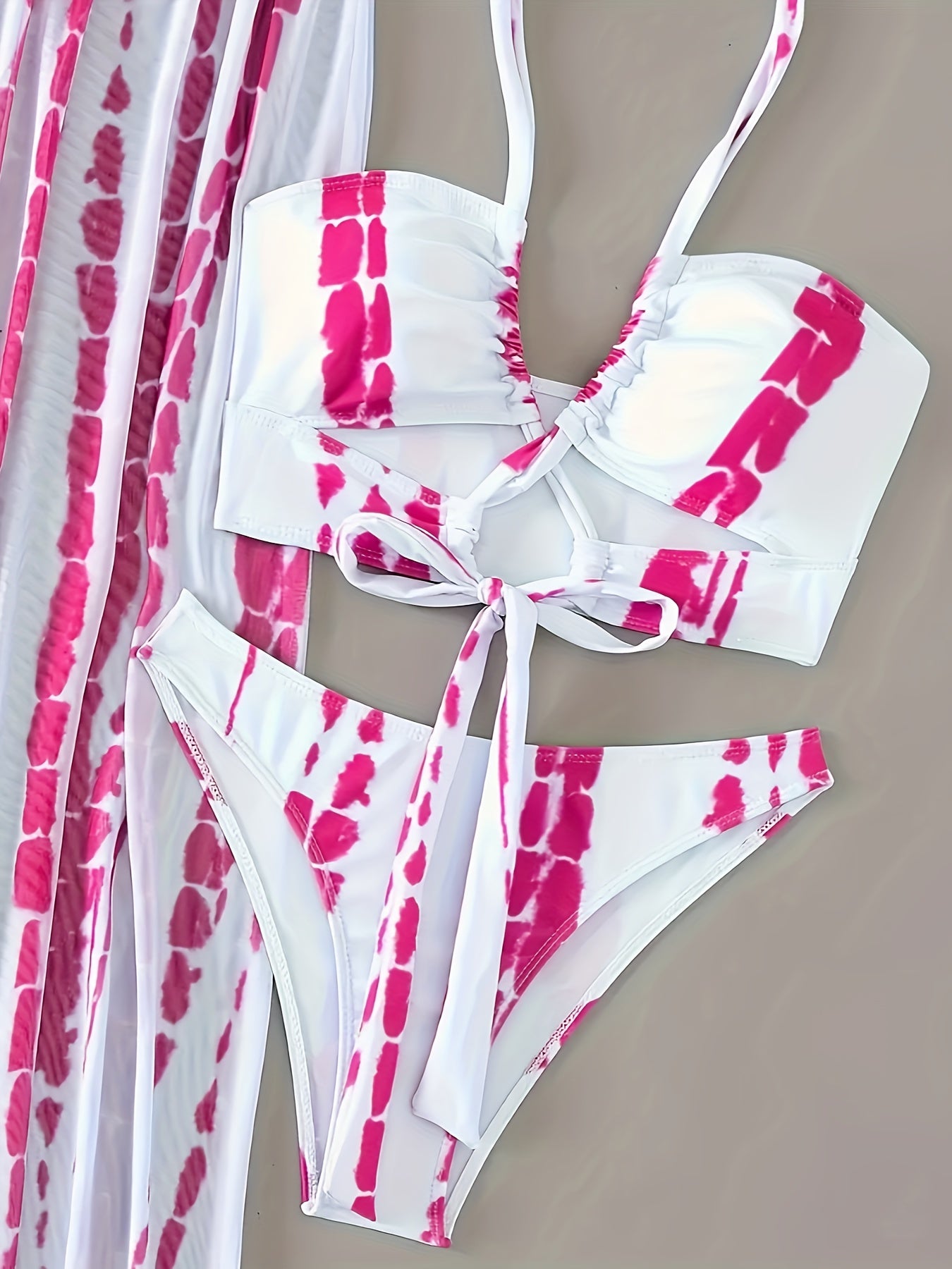 3 Piece Elegant Striped Print Crisscross Tie Strap Halter Bikini Rash Guard Set - Women's Swimwear with Split Side Cover Up Skirt and Flattering Fit - Perfect for Beach and Pool Activities