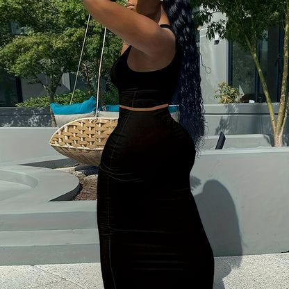 Trendy Two-Piece Set - Sexy Scoop Neck Sleeveless Tank Top & Flowy Bag Hip Maxi Skirt Outfit - Comfortable, Versatile, and Chic Women's Clothing for Everyday Wear