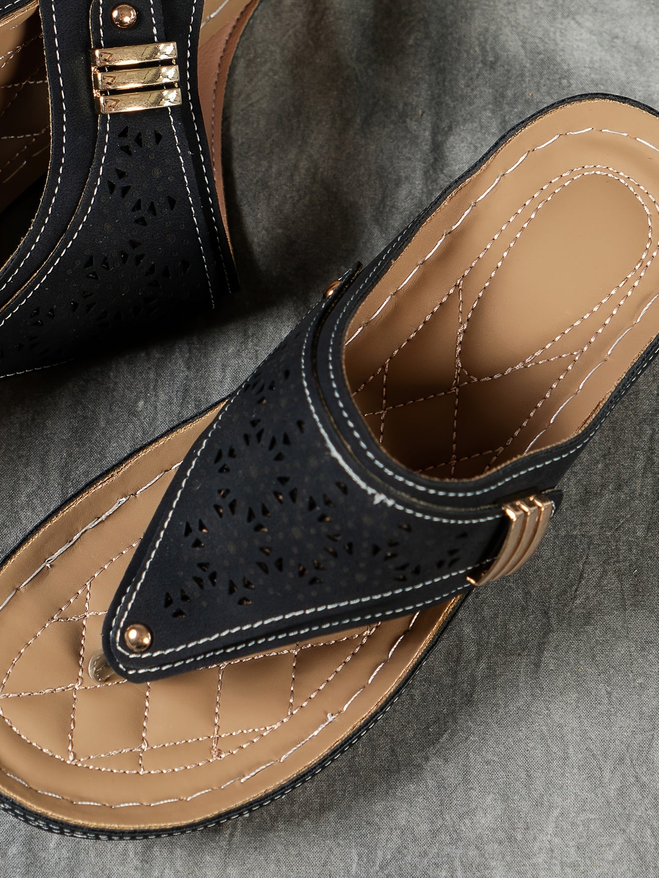 Stylish Cut-Out Thong Sandals - Soft Metallic Platform Wedge, Comfortable Beach Slides with Adjustable Straps, Vacation Essentials for Women