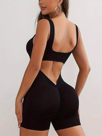 Sexy Cut Out Crew Neck Tank Romper Jumpsuit - Sleeveless, Skinny Fit, Breathable, Quick-Drying, Comfortable, Perfect for Spring & Summer Workout, Women's Clothing, Ideal for Yoga, Fitness, Gym, Outdoor Activities