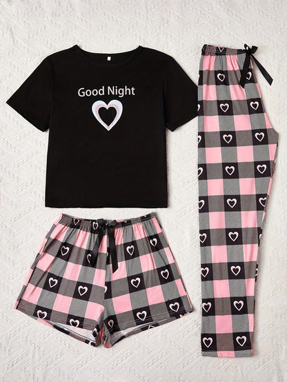 3pcs Women's Plaid Pajama Set - Comfortable Polyester Knit, Crew Neck, Short Sleeve Top with Cropped Pants and Shorts for All-Season Sleepwear