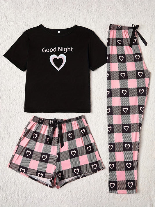 3pcs Women's Plaid Pajama Set - Comfortable Polyester Knit, Crew Neck, Short Sleeve Top with Cropped Pants and Shorts for All-Season Sleepwear