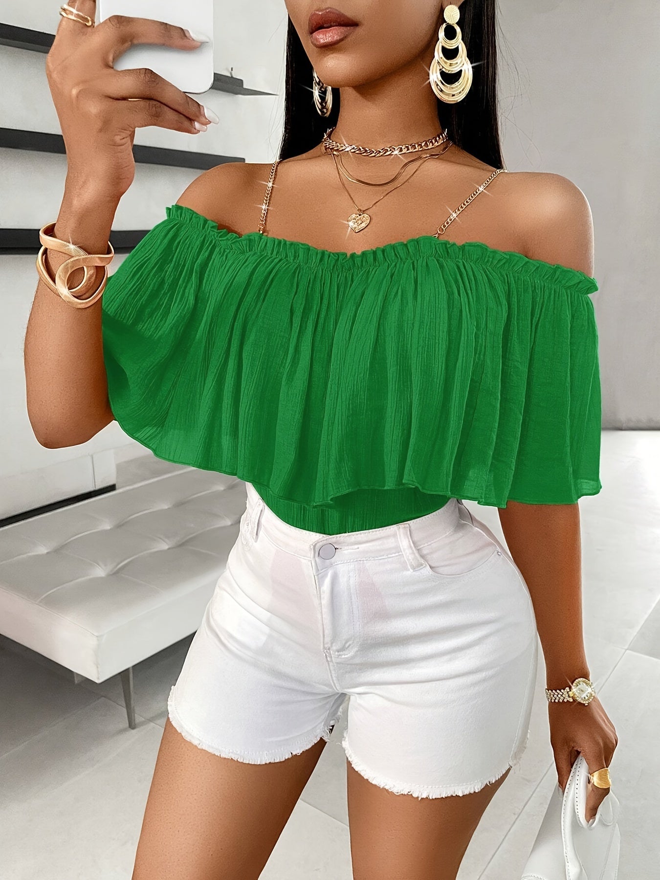 Vibrant Cold Shoulder Ruffle Trim Blouse - Charming Chain Strap, Solid Color, Casual, Spring & Summer Essential, Women's Clothing, Perfect for Outdoor Activities