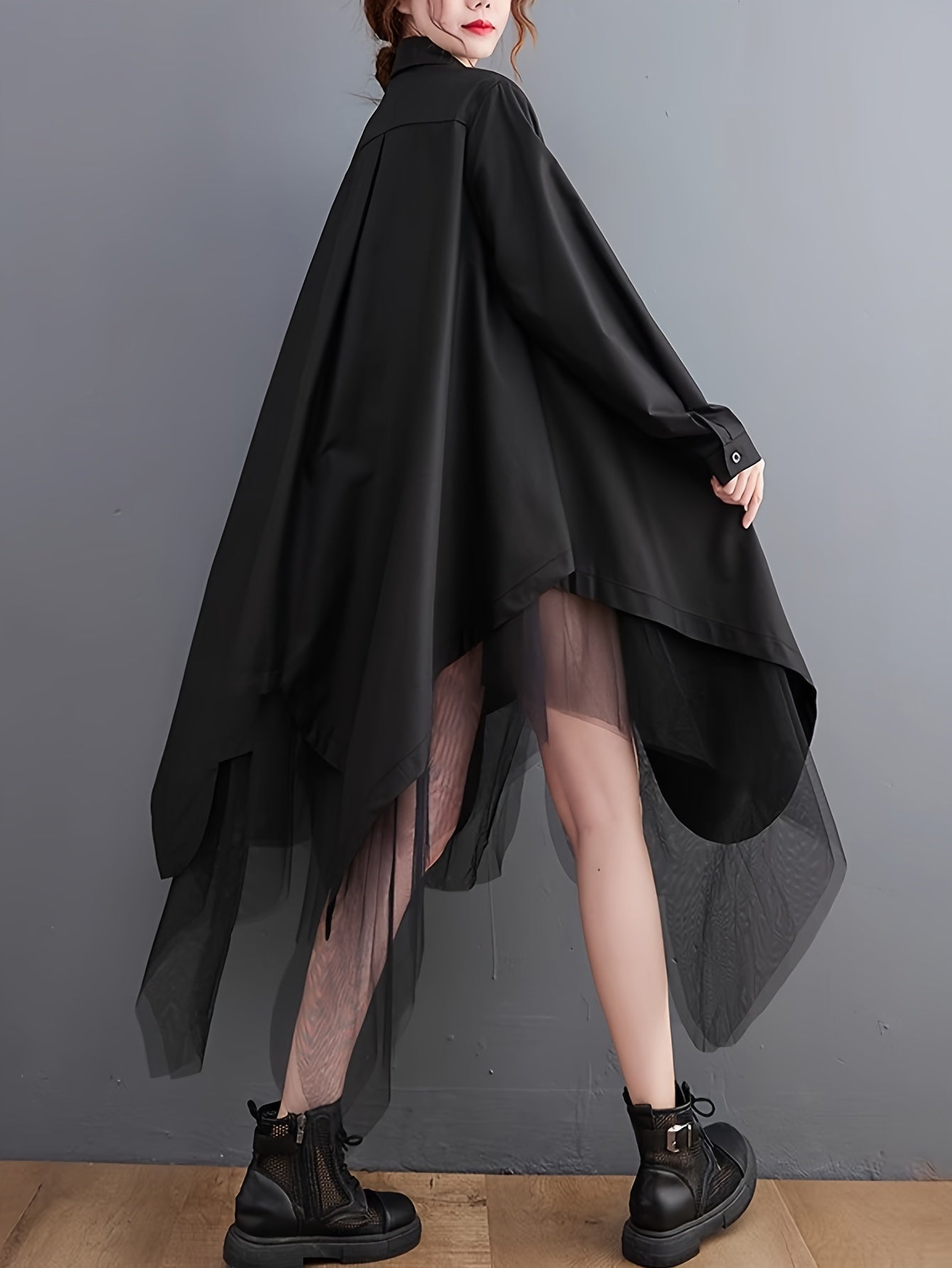 Asymmetric Hem Button Front Shirt, Stylish Long Sleeve Contrast Mesh Loose Blouse For Spring & Fall, Women's Clothing