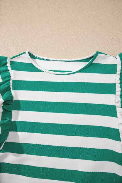 Green Stripe Flutter Sleeve Round Neck T Shirt