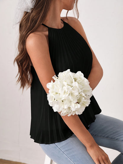 Elegant Solid Color Polyester Halter Neck Pleated Blouse - Sleeveless Loose Fit Regular Length Top for Spring & Summer - Womens Casual Pajama Top with Pullover Design