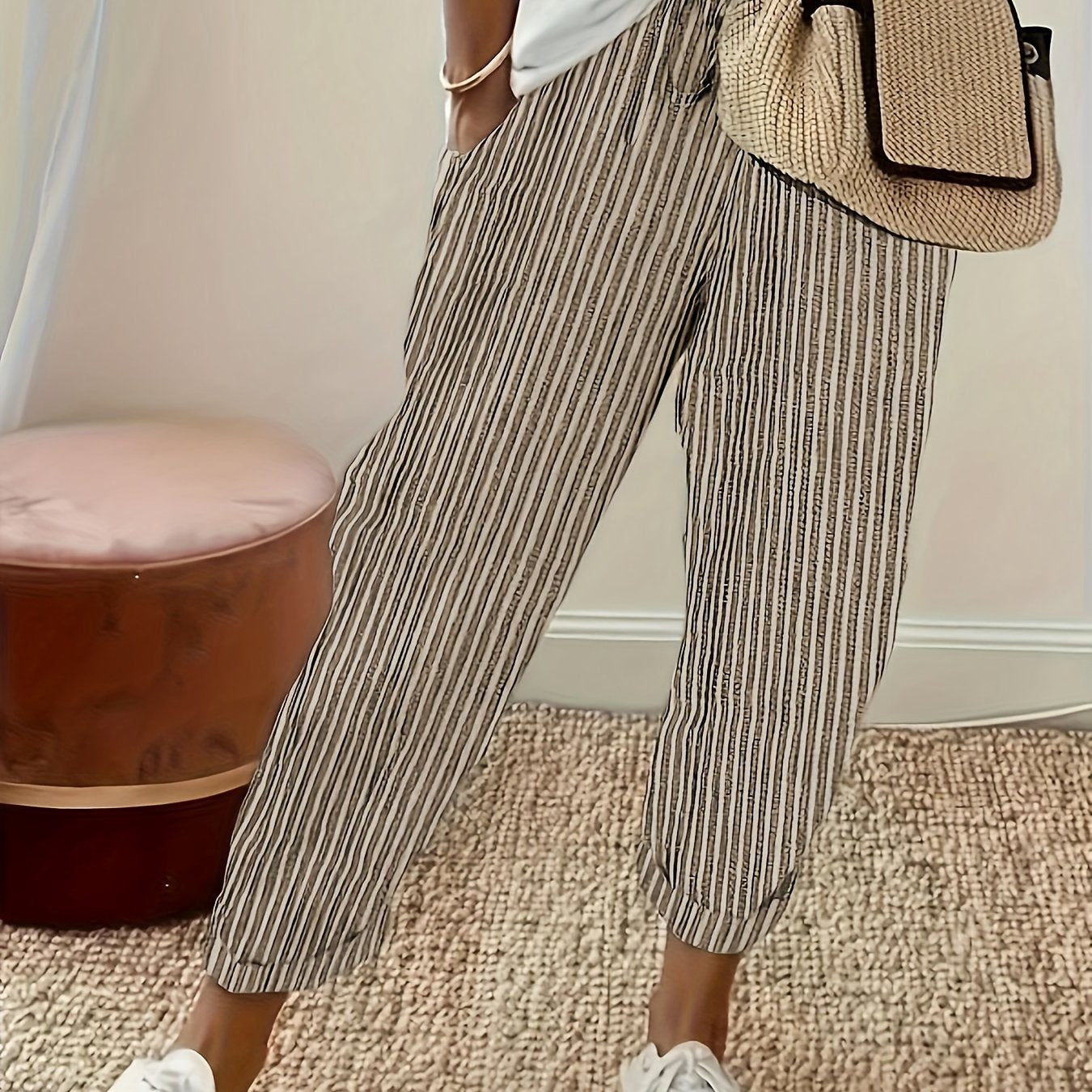 Striped Slant Pocket Drawstring Pants, Casual Pants For Spring & Summer, Women's Clothing