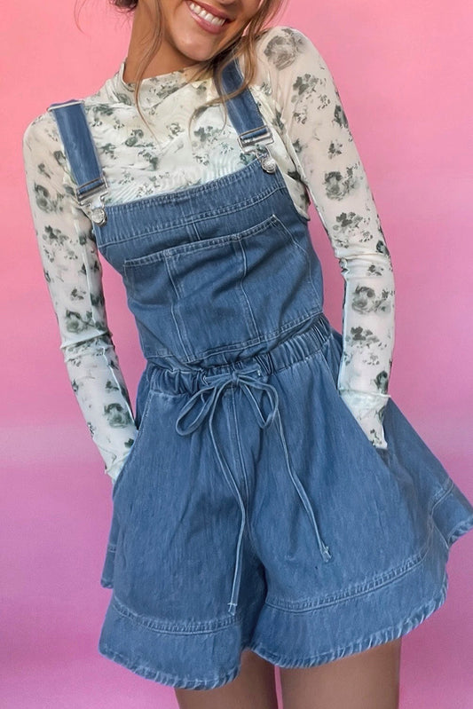 Sky Blue Buckle Straps Bib Style Tied Backless Flared Denim Overall