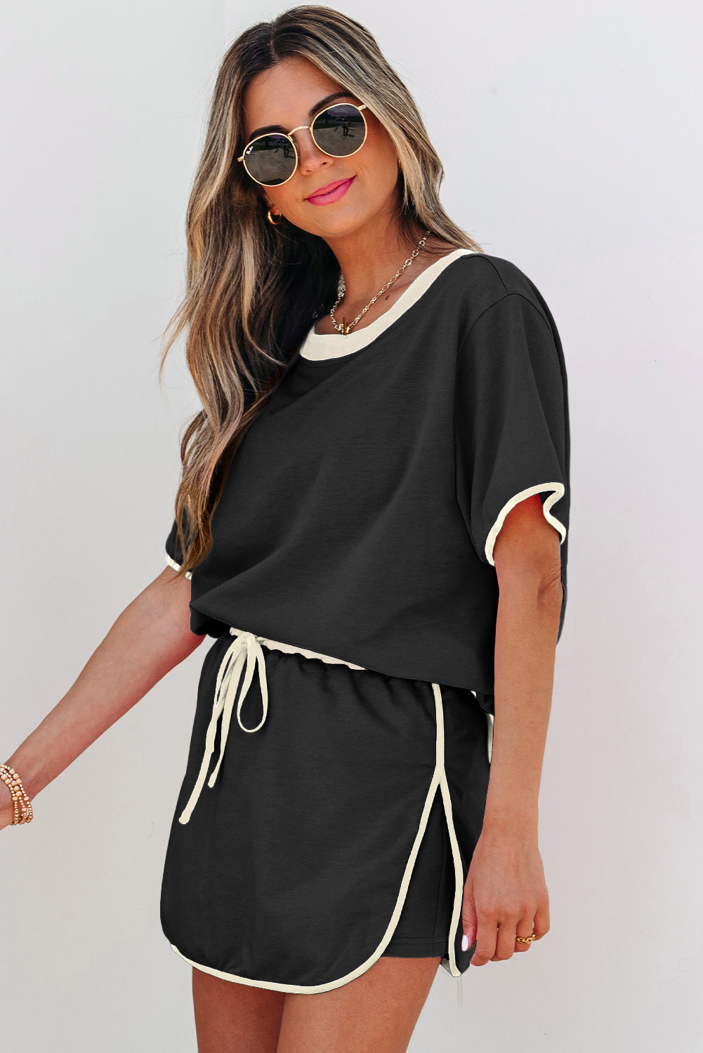 Black Colorblock Edge Drop Shoulder T Shirt and Skort 2Pcs Set