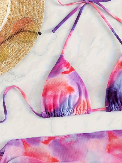 Vibrant Tie Dye Halter Bikini Set - Adjustable 3 Piece Swimwear with Backless Triangle Top & Flowy Cover Up Wrap for Women