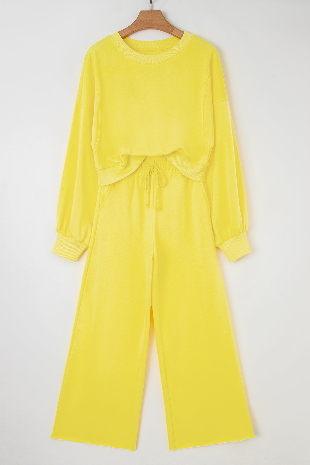 Yellow Cream Drop Shoulder Puff Sleeve Crop Pullover Drawstring Wide Leg Pants Set