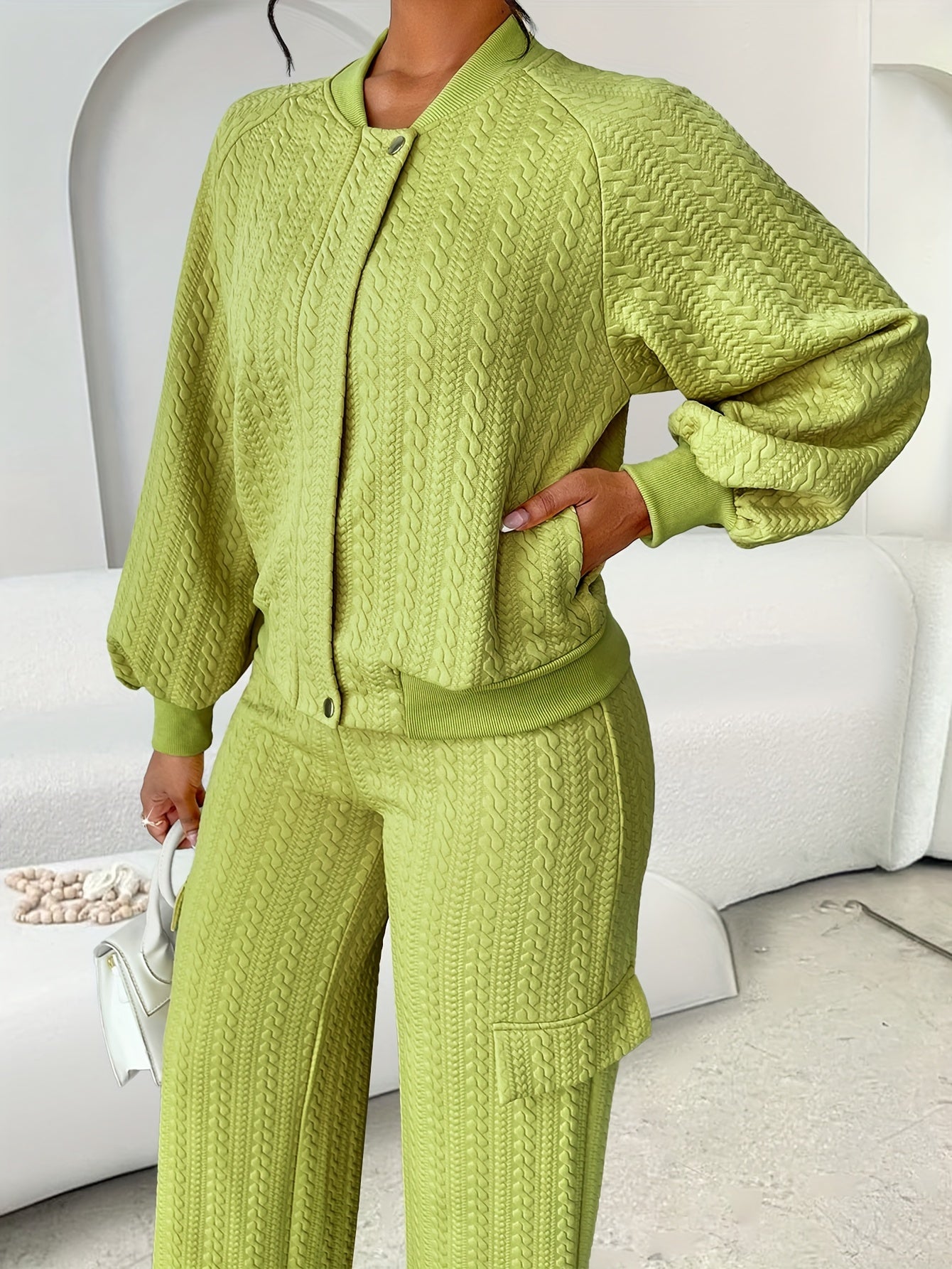 Women'S Casual Chic Two-Piece Set, Solid Color Long Sleeve Zippered Jacket and Straight-Leg Pants, Polyester 95% Elastane 5% Knit Fabric, Crew Neck, Fall/Winter Collection