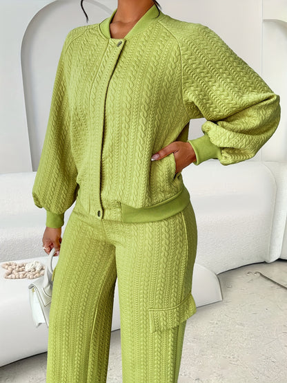 Women'S Casual Chic Two-Piece Set, Solid Color Long Sleeve Zippered Jacket and Straight-Leg Pants, Polyester 95% Elastane 5% Knit Fabric, Crew Neck, Fall/Winter Collection