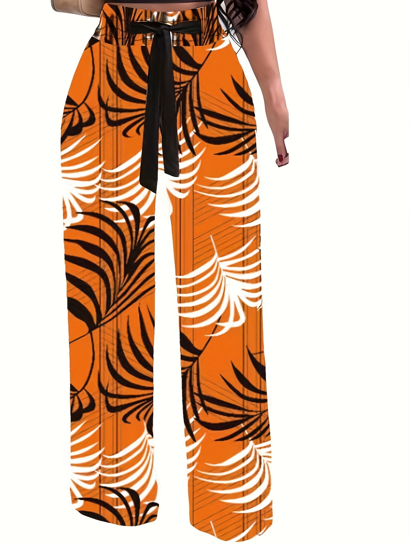 Plant Print Tie Waist Pants, Casual Wide Leg Long Length Pants, Women's Clothing