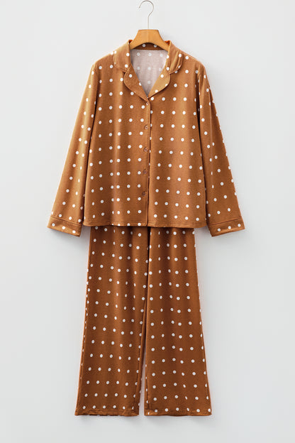 Brown Polka Dot Print Long Sleeve Shirt Pant 2pcs Pajama Set