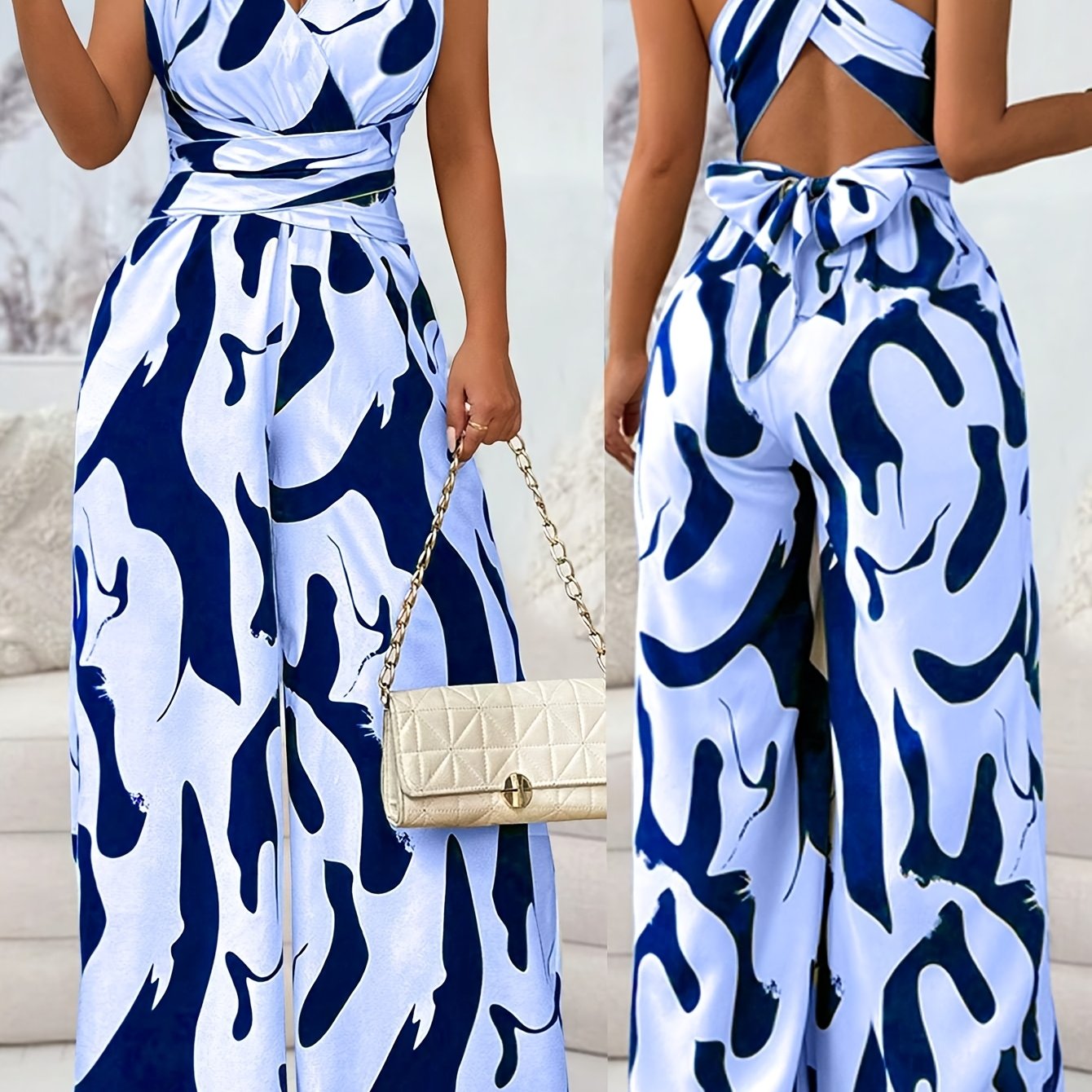 Elegant Women'S Fashion Jumpsuit, Geometric Pattern, Non-Stretch Polyester, 110g/m², Woven, Cross Strap Detail