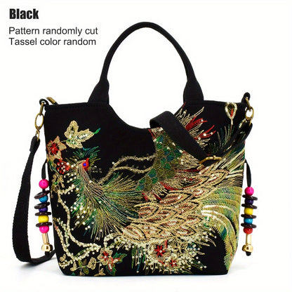 Women's Embroidered Satchel Bag, Fashion Double Handle Purse, Retro Style Handbag With Removable Strap