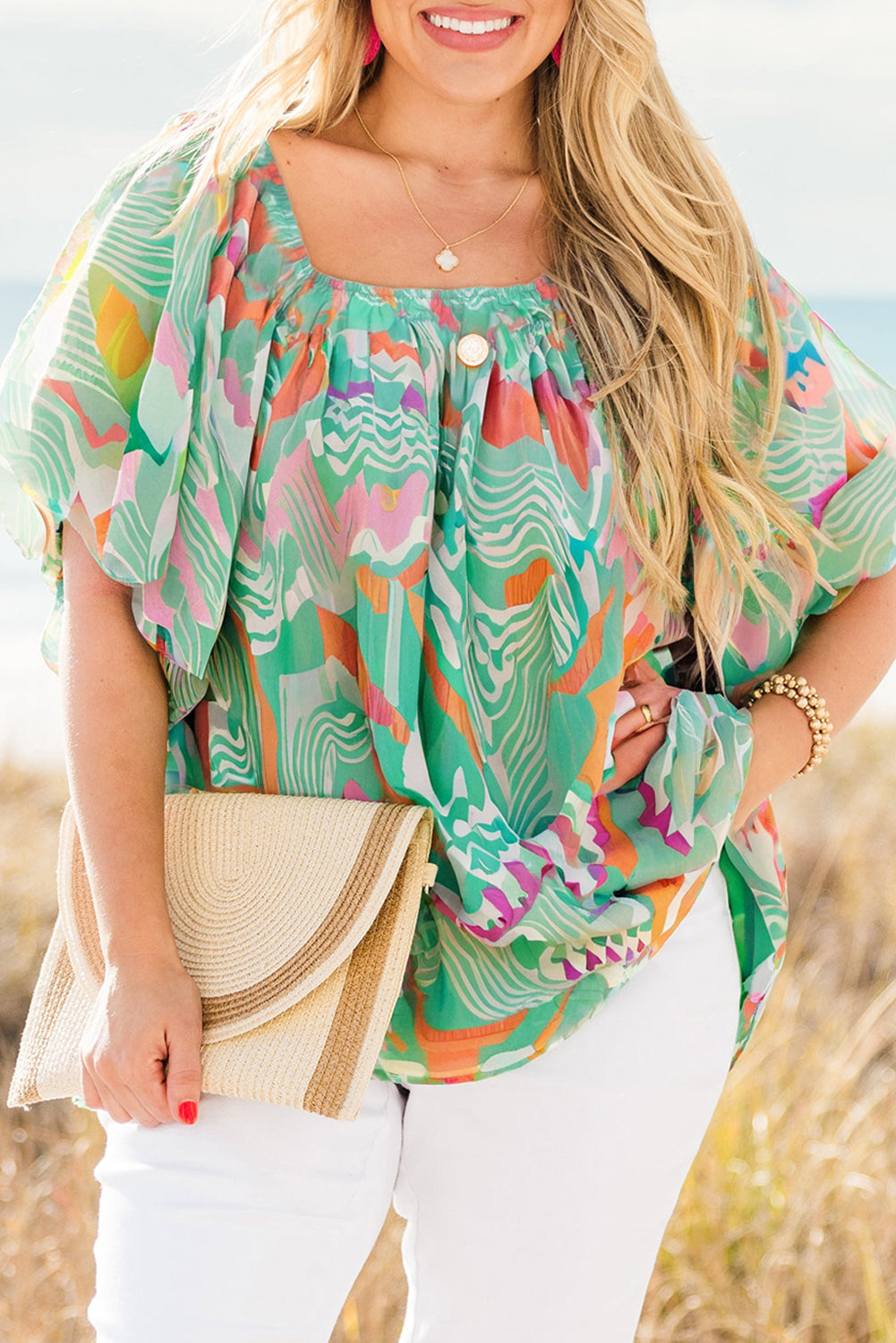 Green Tropical Boho Print Puff Sleeve Square Neck Loose Plus Blouse