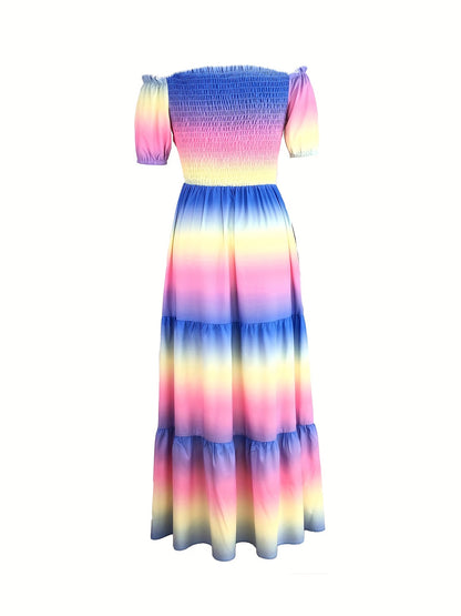 Gradient Print Tiered Dress, Casual Off Shoulder Shirred Party Dress, Women's Clothing
