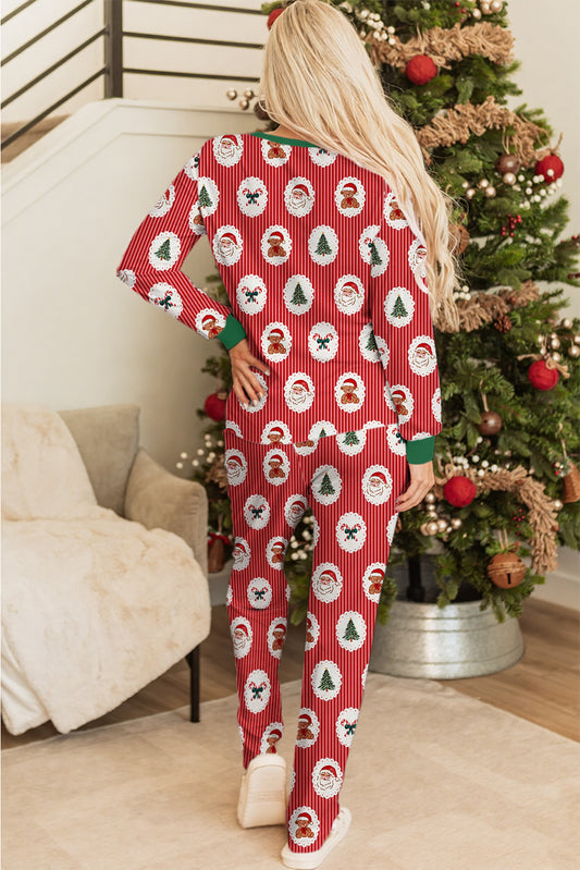 Red Stripe Christmas Fashion Print Henley V Neck Pullover and Jogger Pants 2 Piece Lounge Set