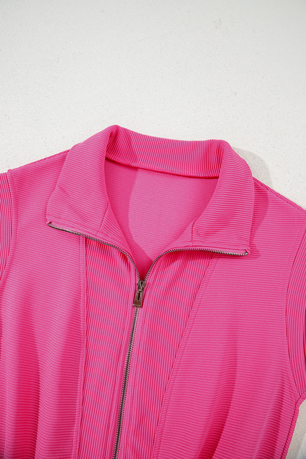 Rose Red Textured Short Sleeve Half Zip Drawstring Elastic Waistband Romper