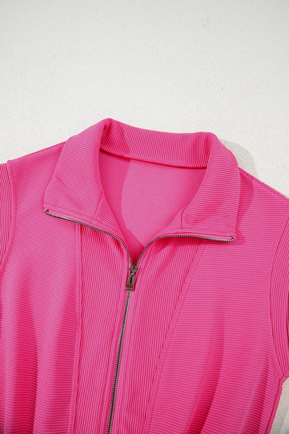 Rose Red Textured Short Sleeve Half Zip Drawstring Elastic Waistband Romper