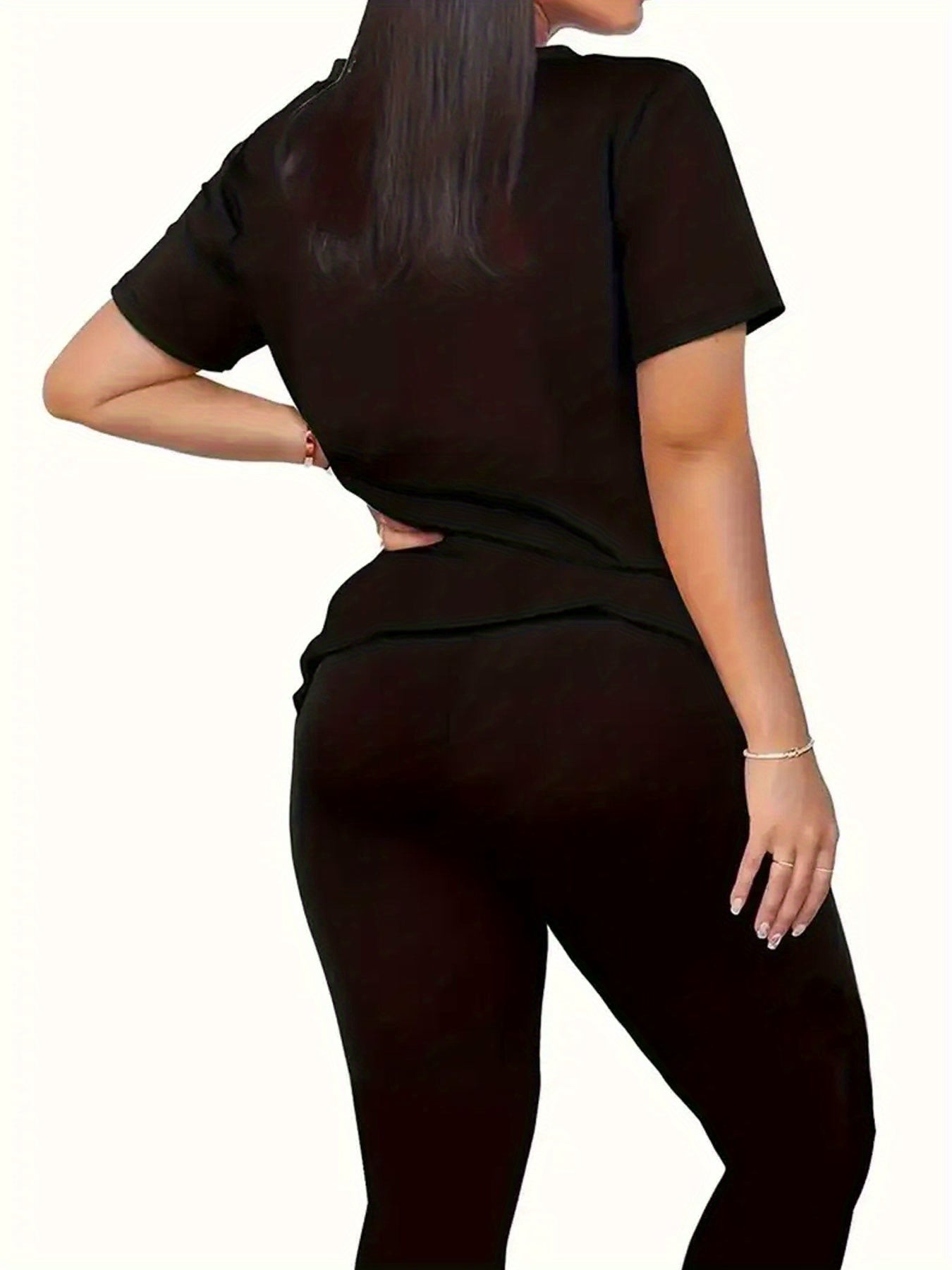 Women'S K-WAY Graphic Print Short Sleeve Crop Top & High-Waisted Leggings Set - Black with White Lettering, Stretchy Polyester Blend, Casual Streetwear Style, Spring/Summer Collection, High Waisted