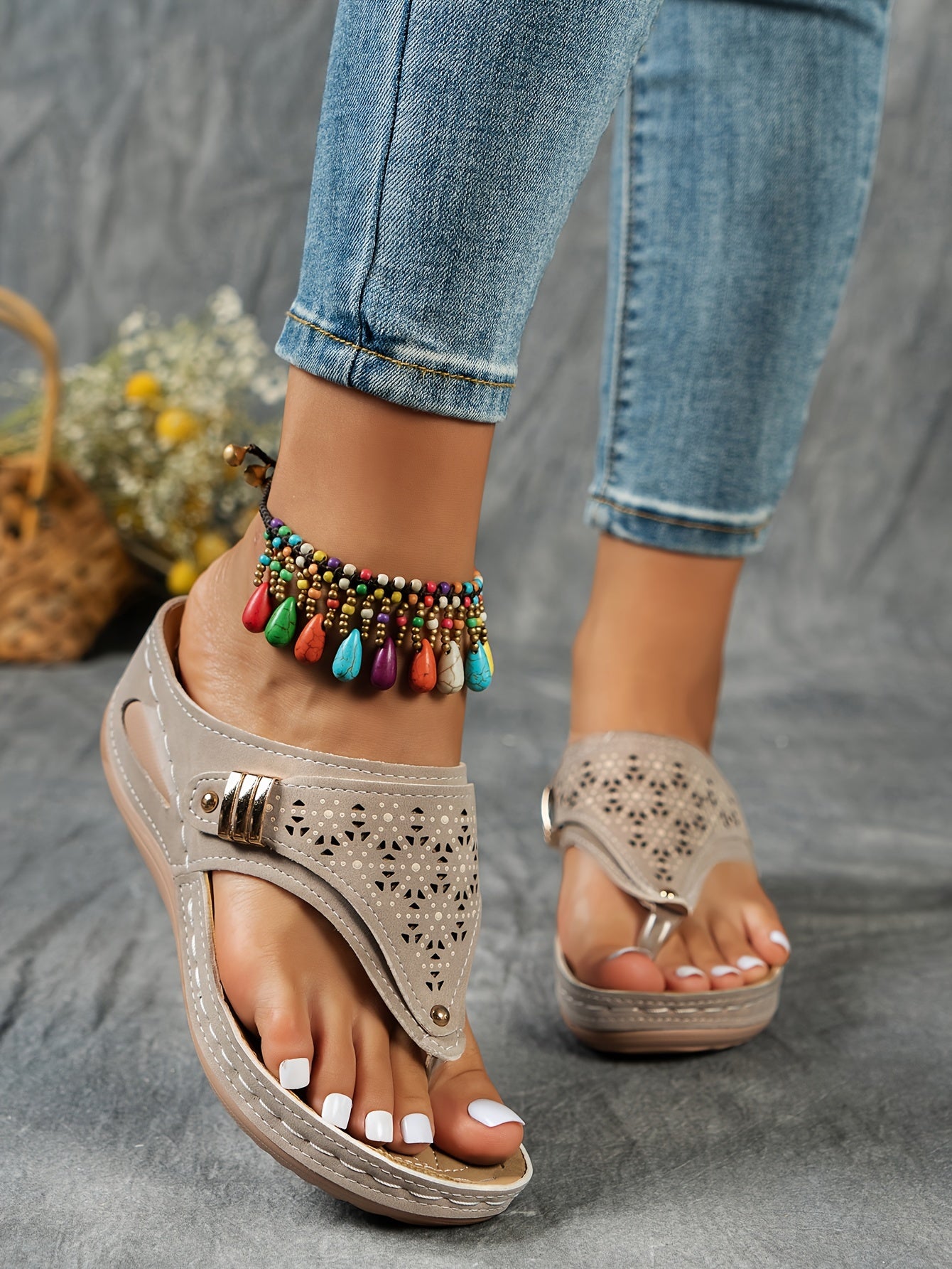 Stylish Cut-Out Thong Sandals - Soft Metallic Platform Wedge, Comfortable Beach Slides with Adjustable Straps, Vacation Essentials for Women