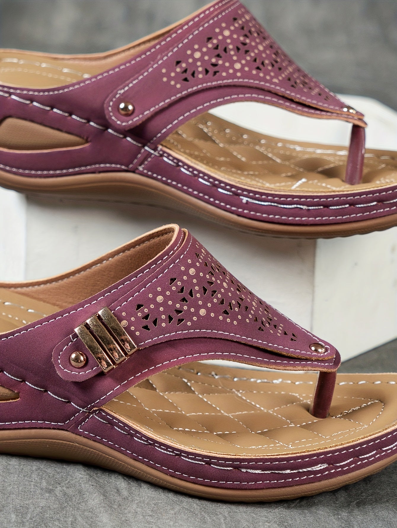 Stylish Cut-Out Thong Sandals - Soft Metallic Platform Wedge, Comfortable Beach Slides with Adjustable Straps, Vacation Essentials for Women